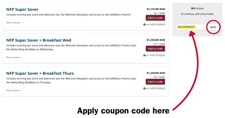 Visual guide for apply coupon code to National Housing Conference 2025 ticket