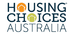 Logo for Housing Choices Australia with a green and orange house in the 'O's'